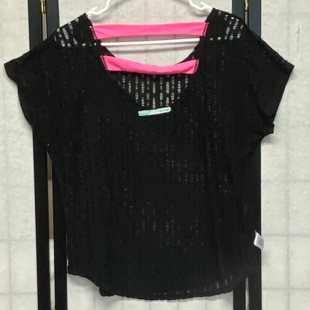 Maurices Crop Deep V Ladder Back Openwork Top Coverup L Black Pink Dolman Sleeve - Picture 6 of 12